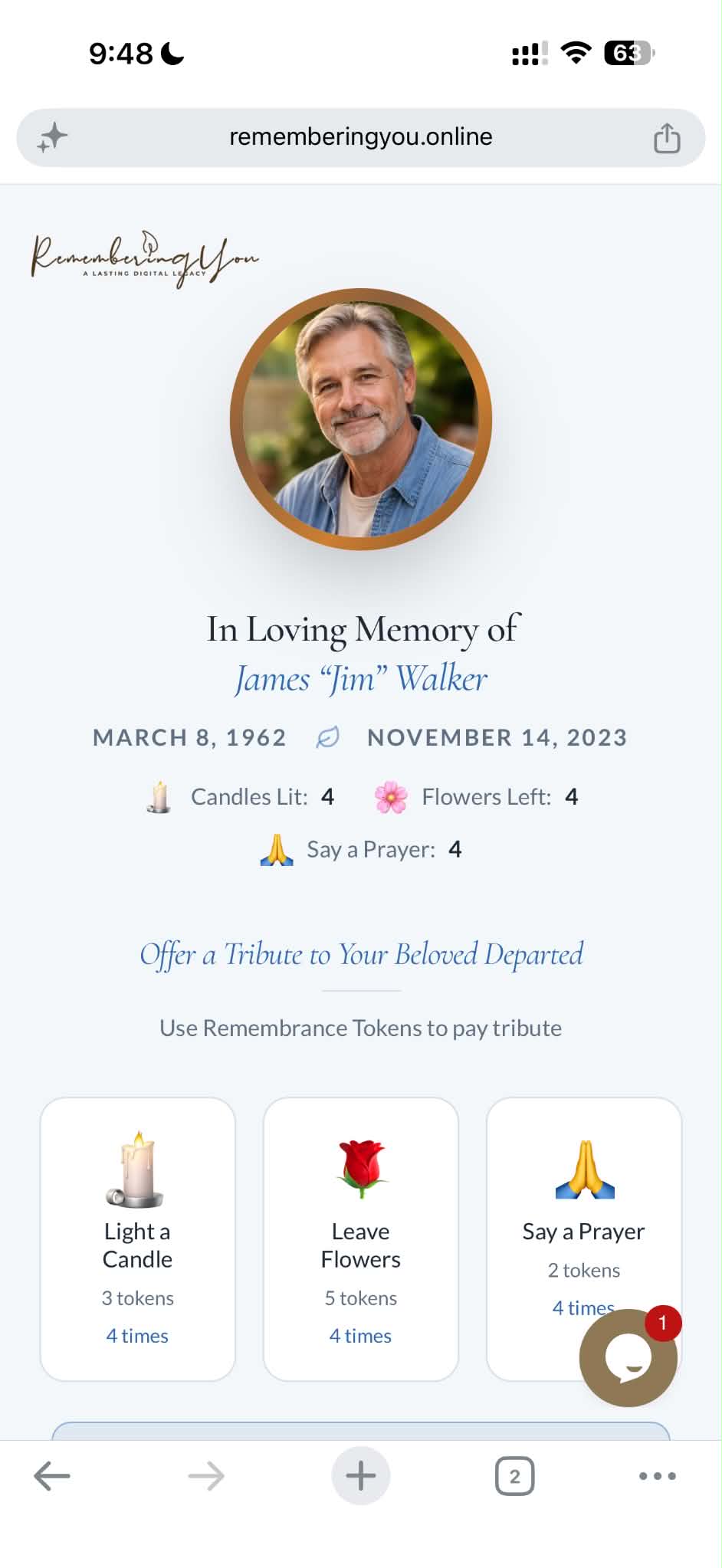 A memorial page for James Walker viewed on a phone — the experience affiliates share with families